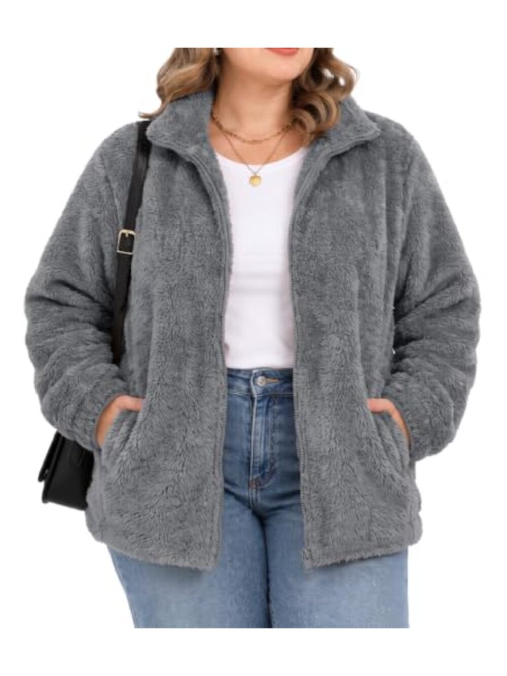 Plus Size Fuzzy Fleece Jacket Full Zip Hooded Sherpa Coat